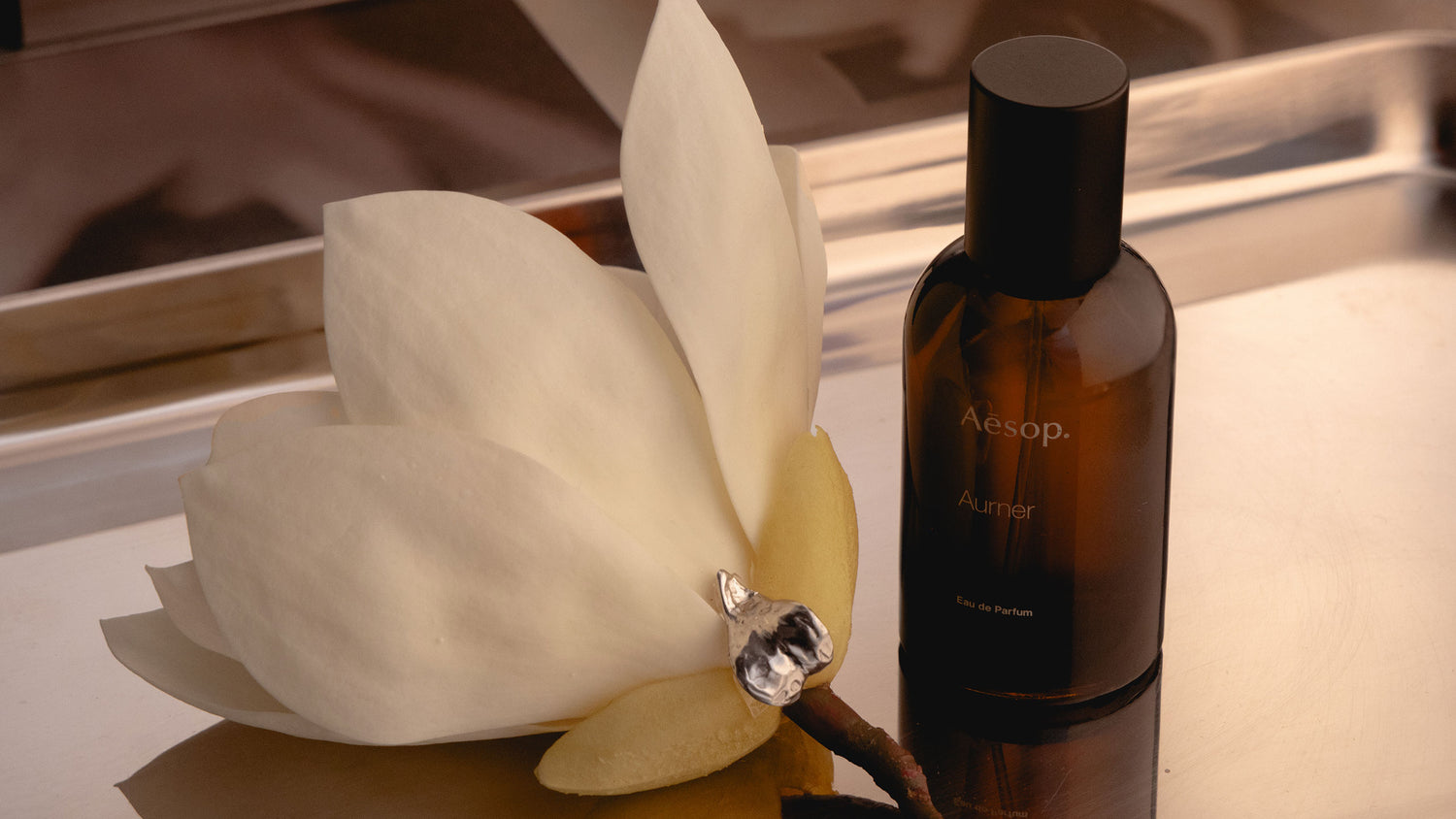 A silver ear cuff, magnolia flower and Aurner EDP bottle placed on a metal tray