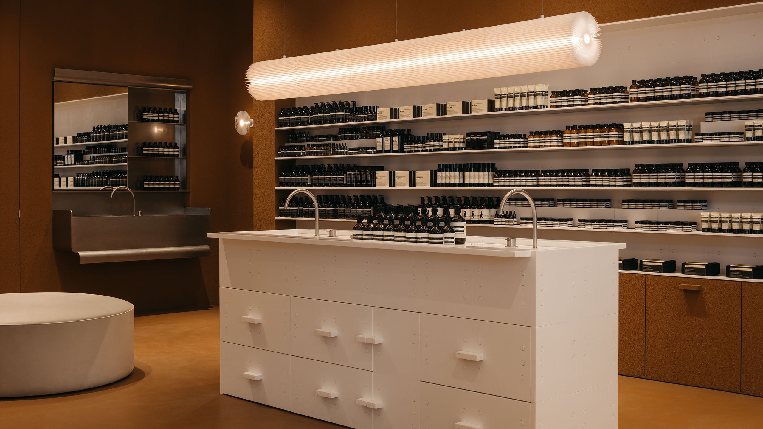 Plastic sauce bottles, trays and chairs are thermoformed as shelves and shared basins moulded from a resin.